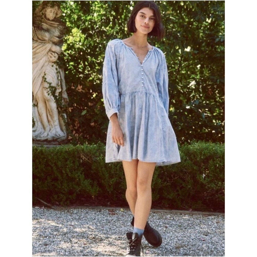 The Great. Coast Walk Dress Babydoll Ribbed Puff Sleeve Mottled Wash SZ 2 M